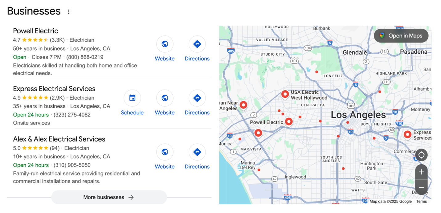 Location-based electrician search results showing city-specific pages