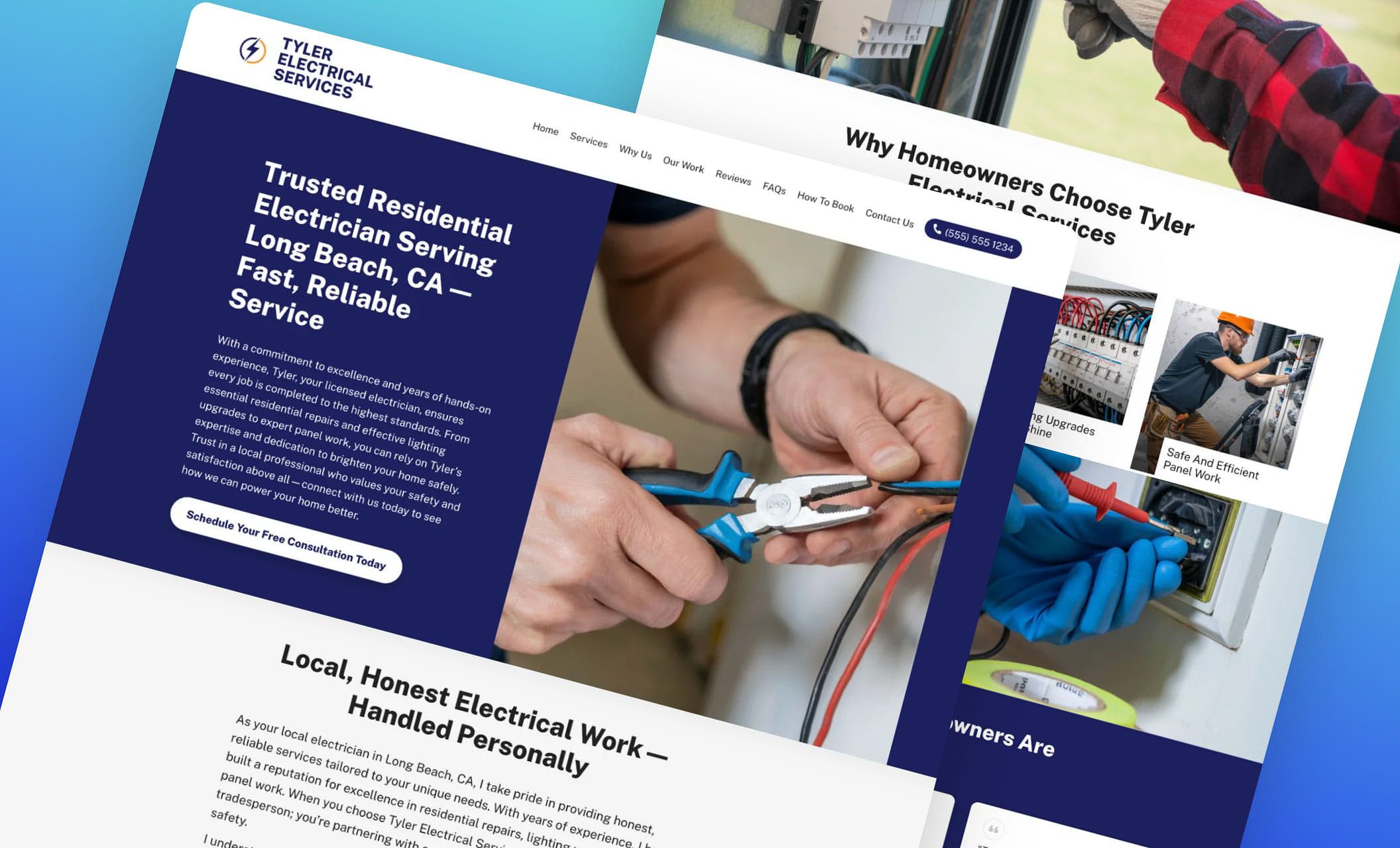 Tyler Electrical Services website with prominent service area and CTA