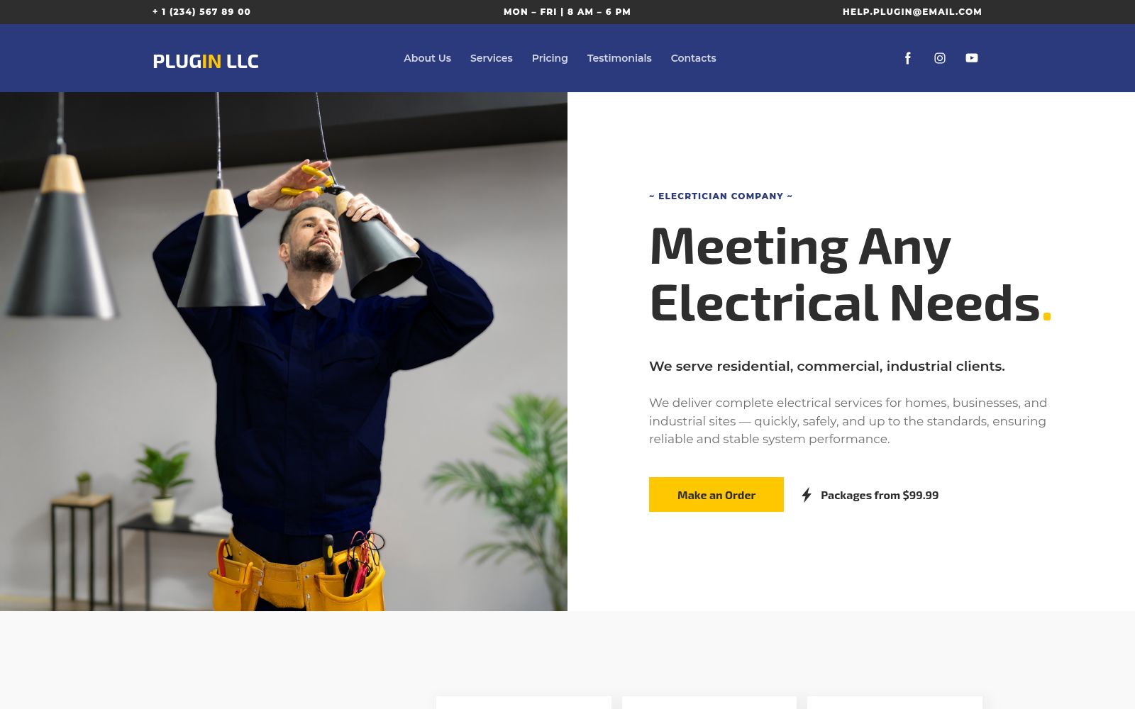 PlugIn LLC electrician website with clear service page layout
