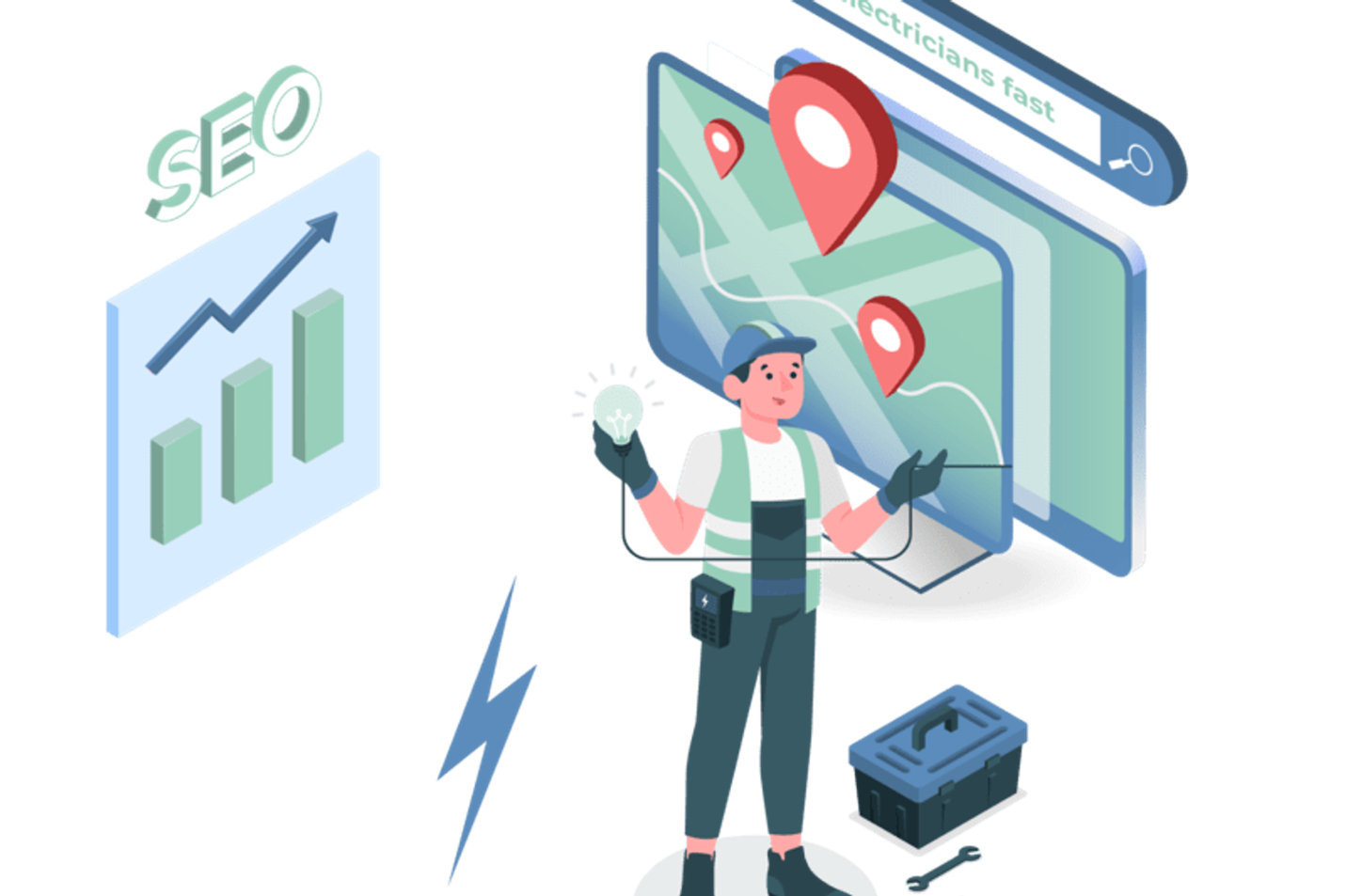 Local SEO illustration showing electrician with map pins and search results