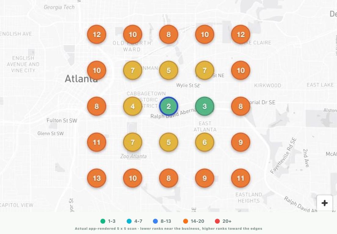 Local grid scan map evidence with ranked Google Maps points